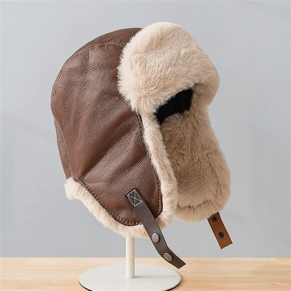 Men’s Winter Trapper Hat Leather Aviator Ushanka Bomber Cap Faux Fur Ear Flaps - Picture 3 of 9